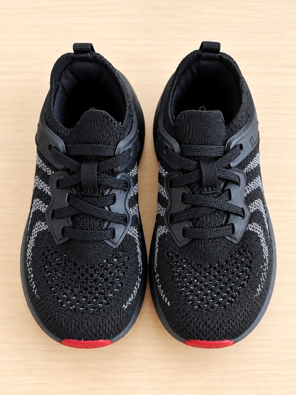 Kids Black Knit Sneakers with Red Accent - Breathable Active Shoes